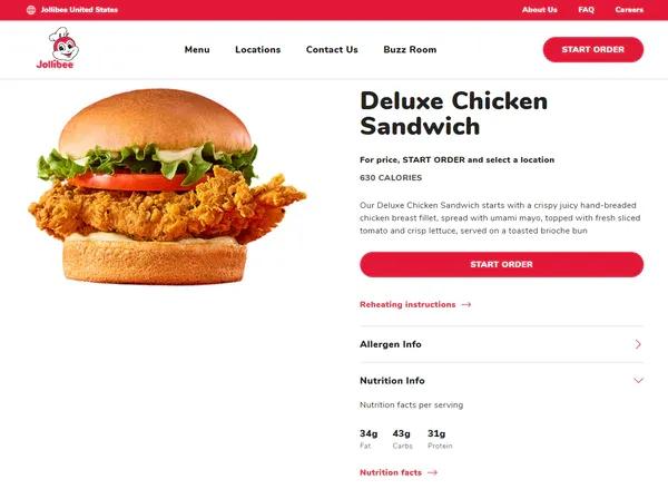Deluxe Chicken Sandwich webpage screenshot