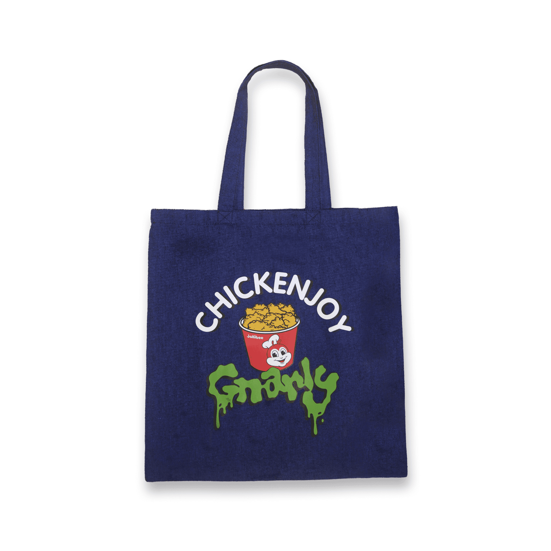 Jollibee x KATSEYE Double Drop Denim Tote on a white background
