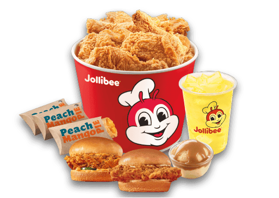 Jollibee Chickenjoy bucket with Peach Mango Pie, Original and Spicy Chicken Sandwiches, and Pineapple Quencher