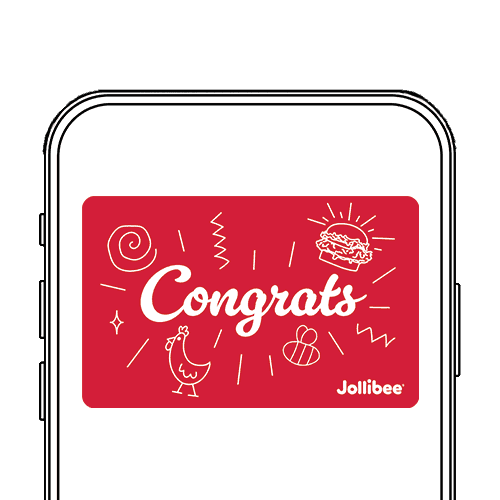 Jollibee digital gift card with a Congrats text on it on a red background