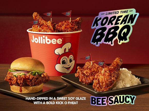 Limited Time Korean BBQ graphic with a bucket of fried chicken and chicken sandwich with 'BEE SAUCY' text on a red background.