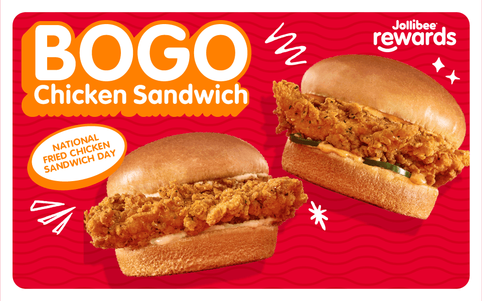 Two chicken sandwiches graphic with a 'BOGO Chicken Sandwich' text and Jollibee Rewards logo on a red background