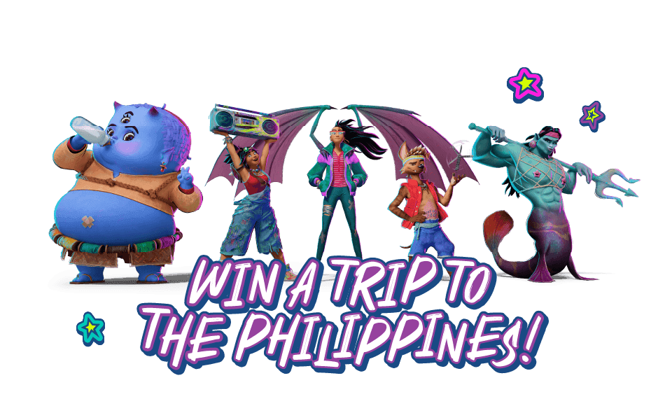 Graphic of Jollibee and Dream Works Forgotten Island movie with the characters on a transparent background..