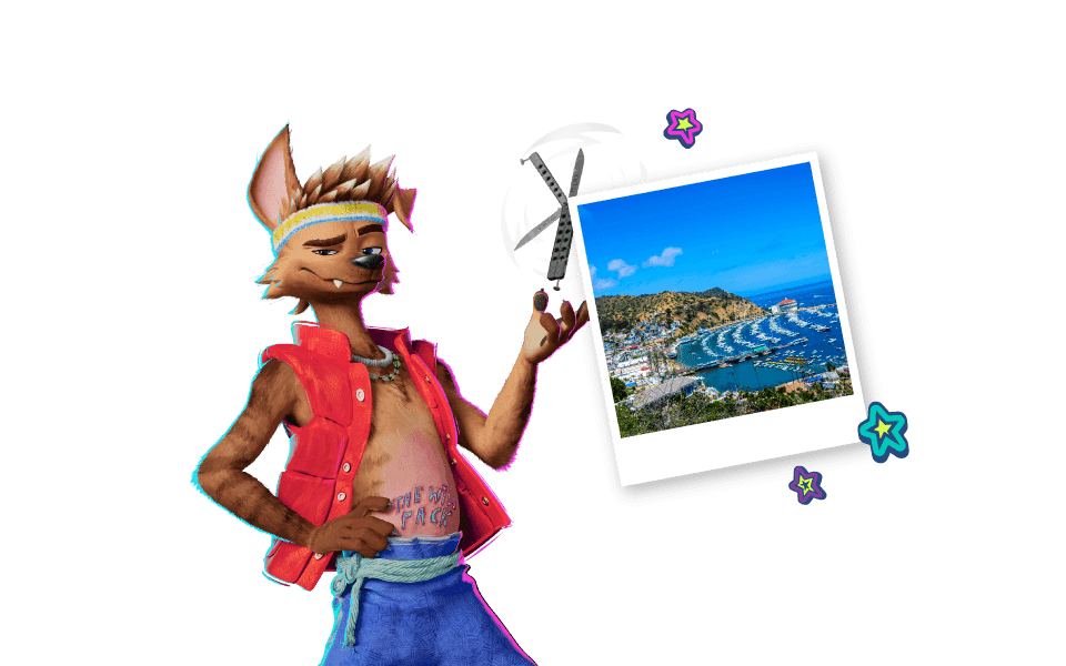 Graphic of the Forgotten Island character Raww with a photo of a beach on a transparent background.