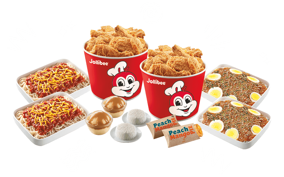 Jollibee catering package of fried chicken buckets, jolly spaghetti, and palabok