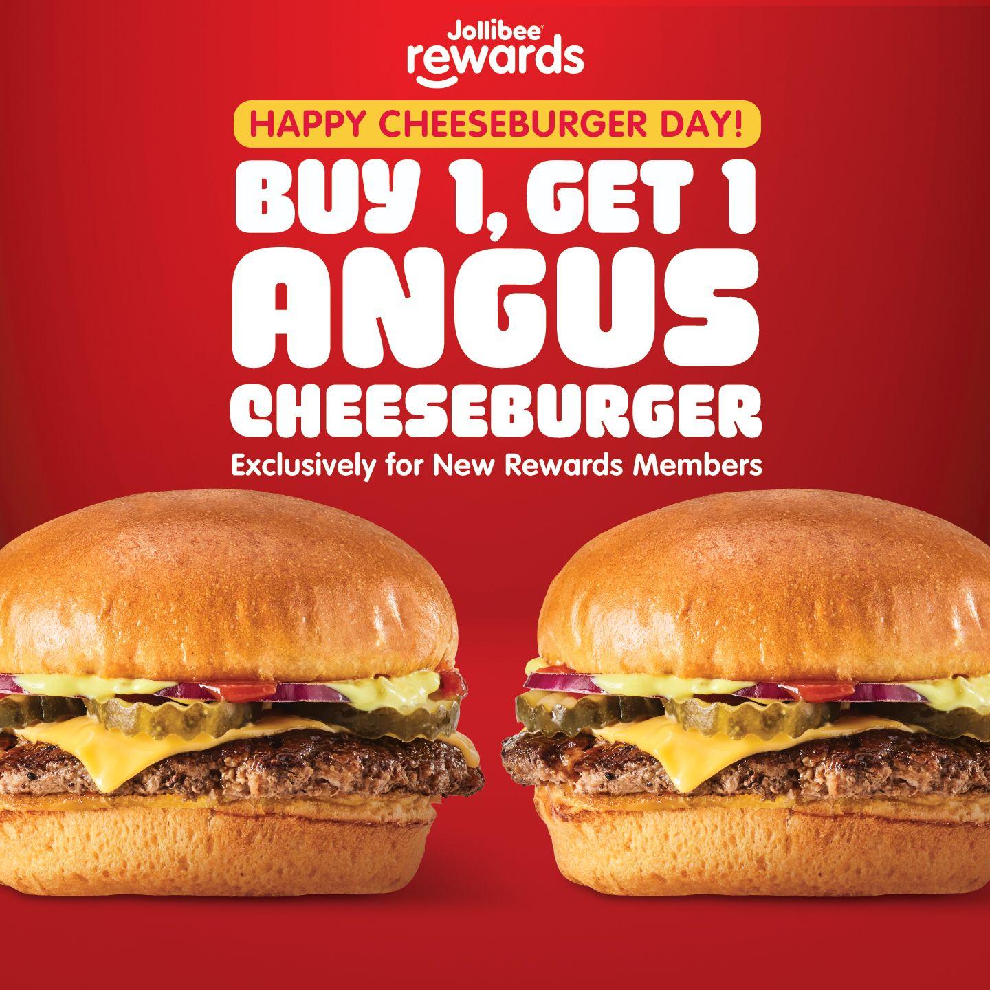 Jollibee Rewards graphic of Buy 1, Get 1 Angus Cheeseburger reward with two burgers on a red background.