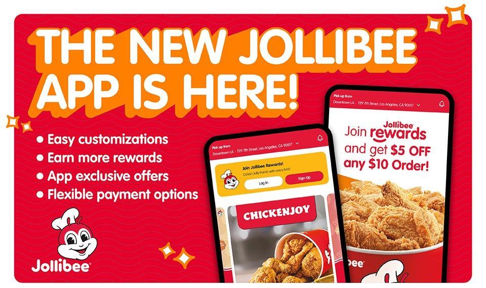 Graphic with The New Jollibee App is Here!' text featuring phone mockups of the app design and key features