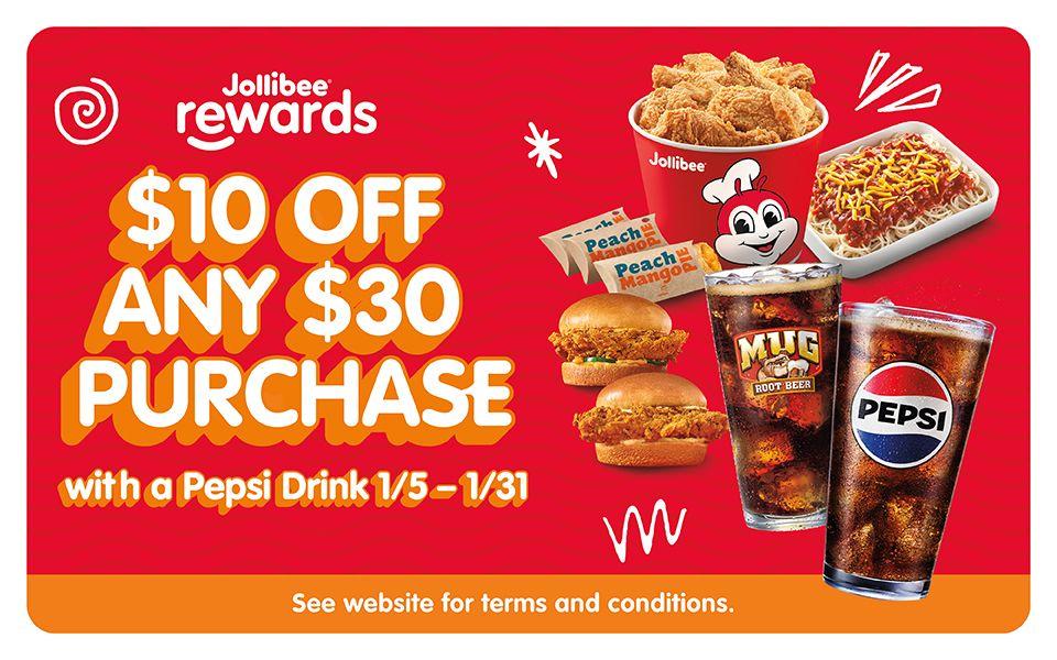 Jollibee Rewards graphic of $10 off any $30 purchase promo on a red background
