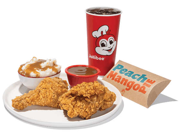 Jollibee 2 piece Chickenjoy Meal Deal with a side of drink and a Peach Mango Pie