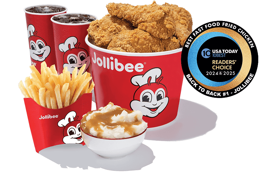 Jollibee Meal Deals graphic with a bucket of fried chicken, two fountain drinks, french fries, and mashed potato