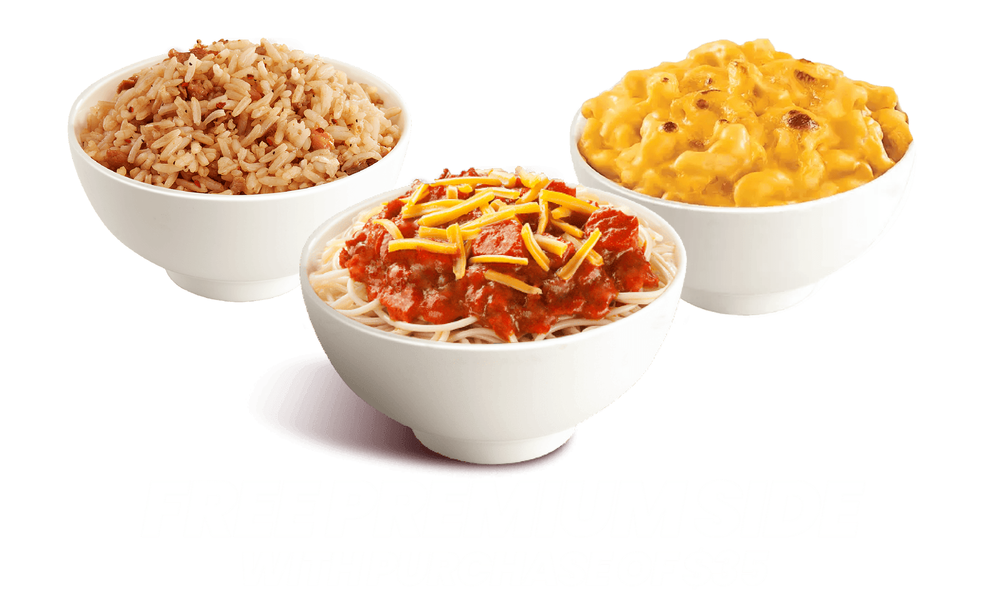 A side of adobo, mac & cheese, and jolly spaghetti with 'Free Premium Side with Purchase of $35' text on a transparent background