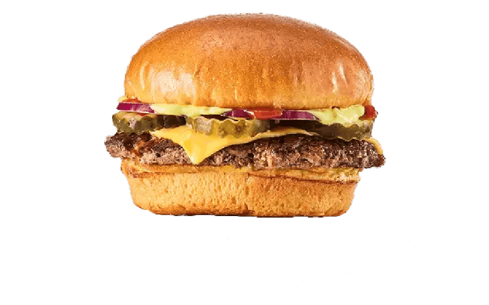 A cheeseburger with 'Free Angus Cheeseburger with purchase of $40' text on a transparent background.