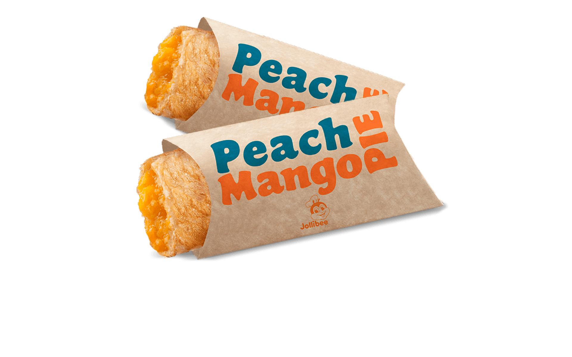 Two pieces of Peach Mango Pie with a Buy One Get One Peach Mango Pie text on a transparent background