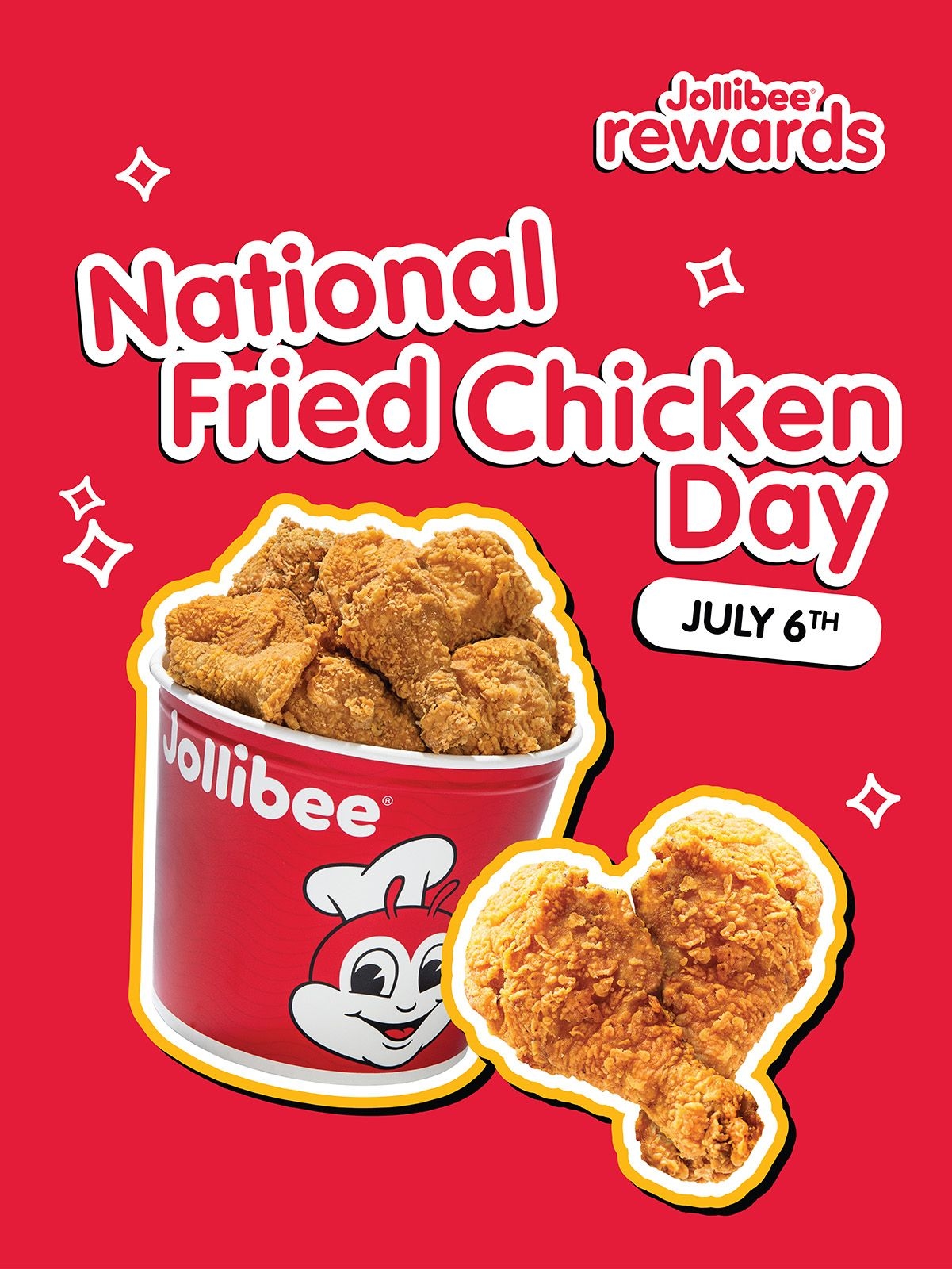A bucket of fried chicken graphic with a 'National Fried Chicken Day' and 'July 6th' texts on a red background.