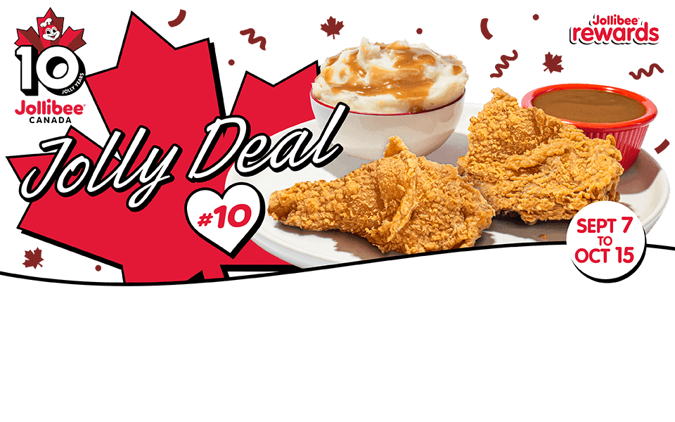Jolly deal #10 graphic with '$10 off when you spend $30' text, two pieces of fried chicken with gravy and mashed potatoes, and a red maple leaf with confetti on a transparent background.