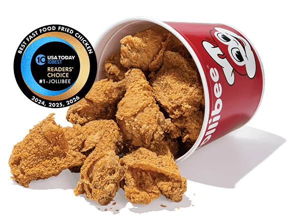 Jollibee fried chicken bucket tilted with the 10Best USA Today badge on transparent background.