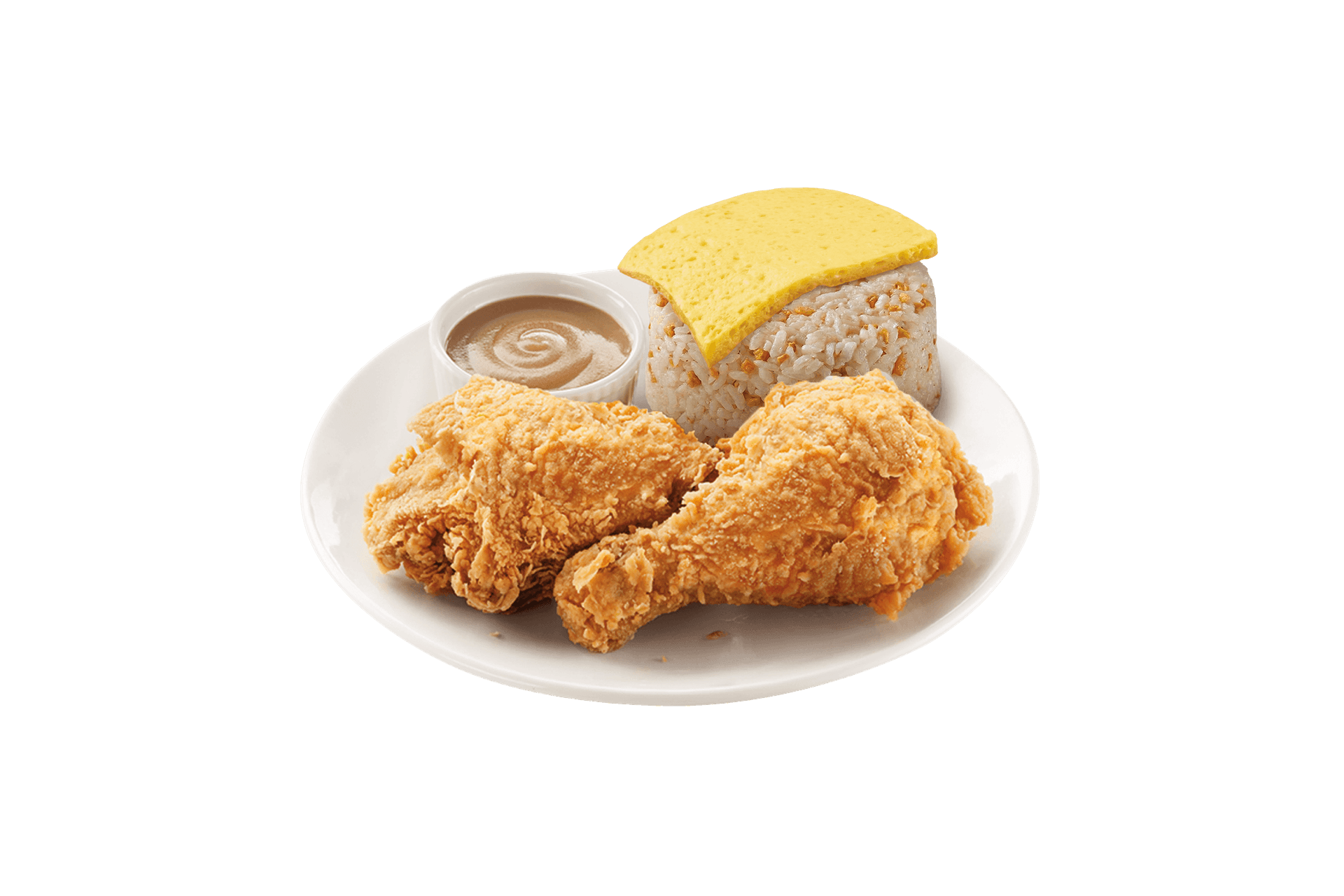 2pc Chickenjoy Breakfast Rice Plate with scrambled egg and garlic rice.