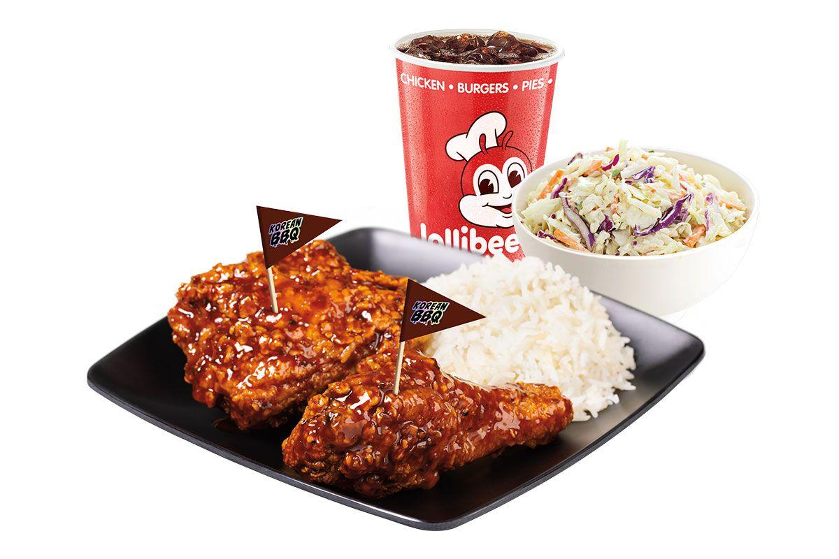 Jollibee 2-piece KBBQ combo with 2 sides and soda on a white background