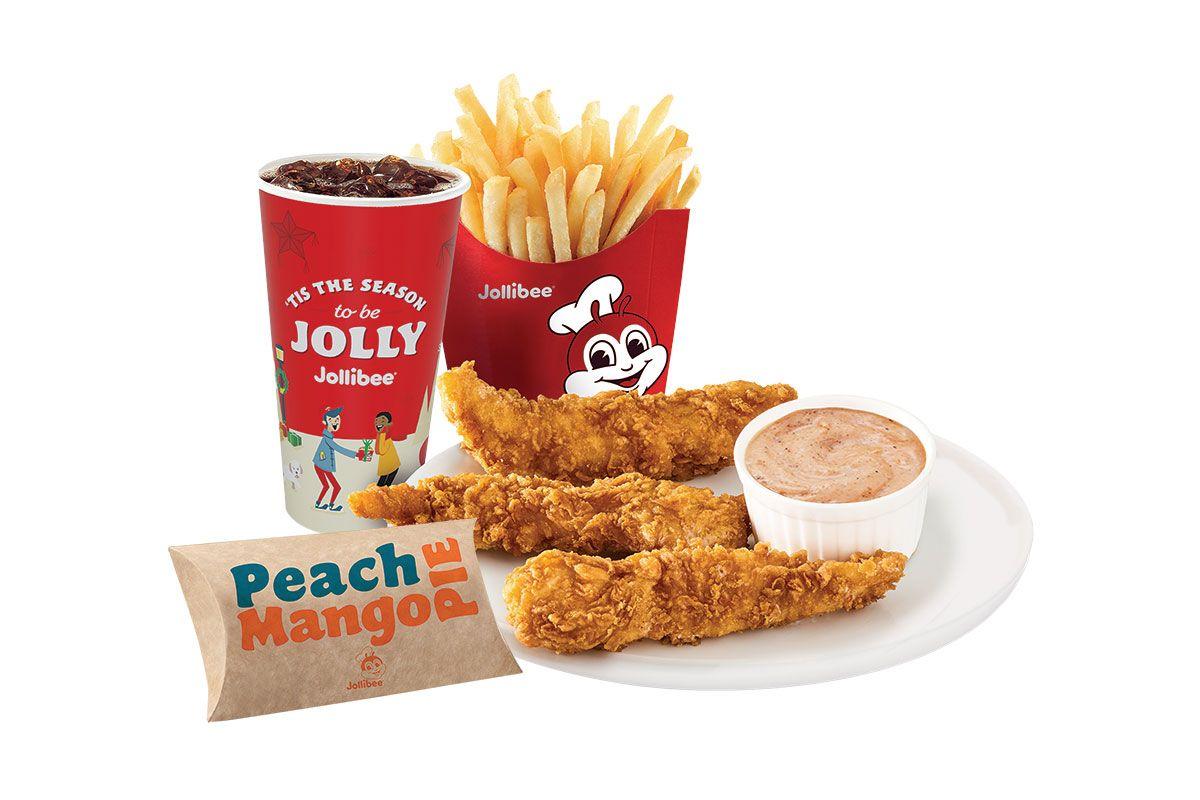 A picture of 3 Chicken Tenders, regular french fry & fountain drink on a white background