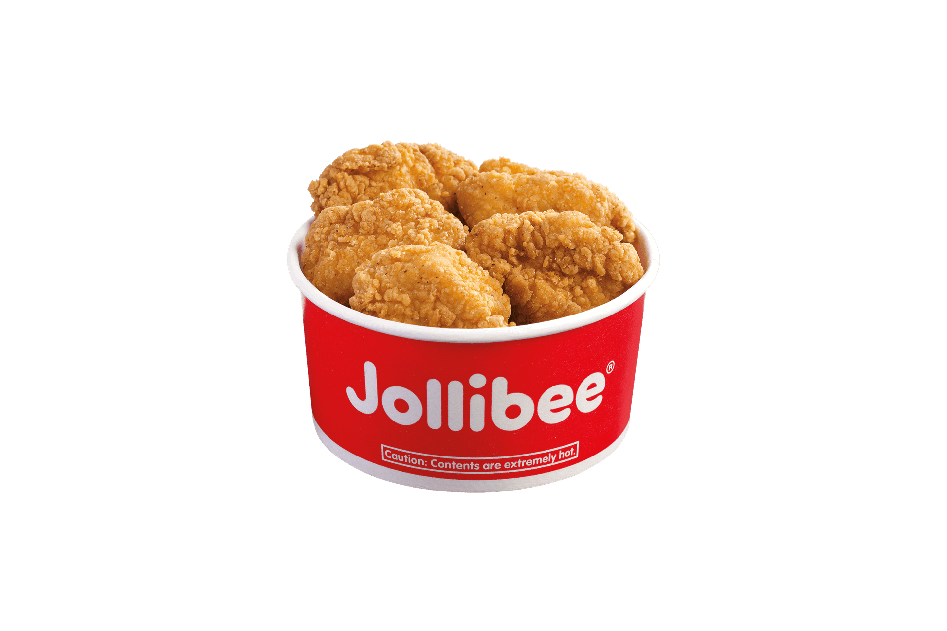 Chicken nuggets in a small red bucket with the Jollibee logo on it on a transparent background.