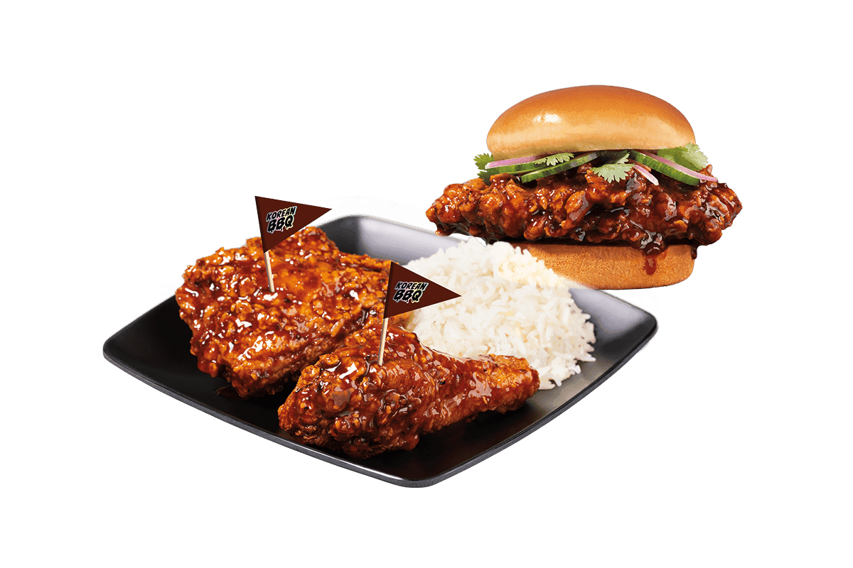 Jollibee KBBQ 2-piece fried chicken with a side and one KBBQ chicken sandwich on a white background
