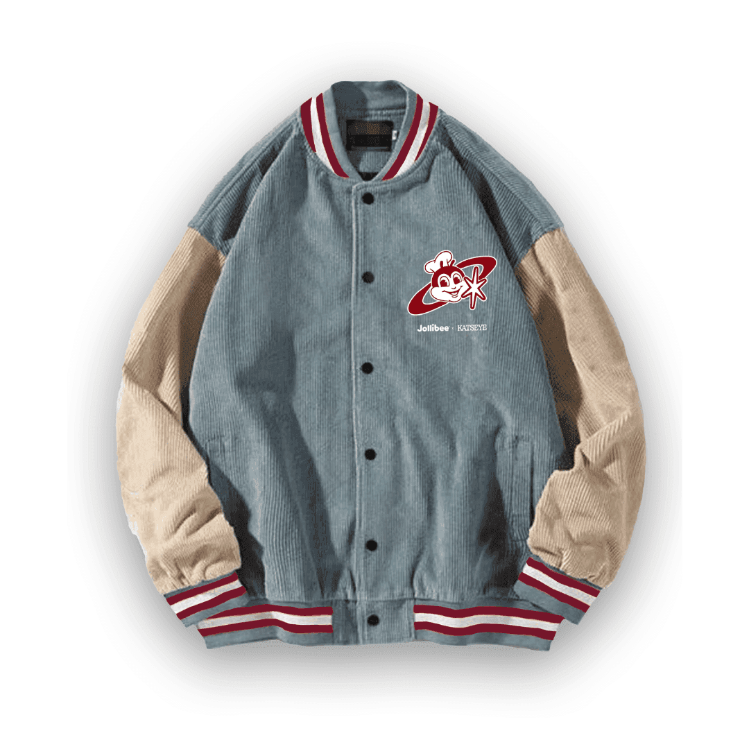 Blue corduroy and beige varsity jacket with a logo on a white background