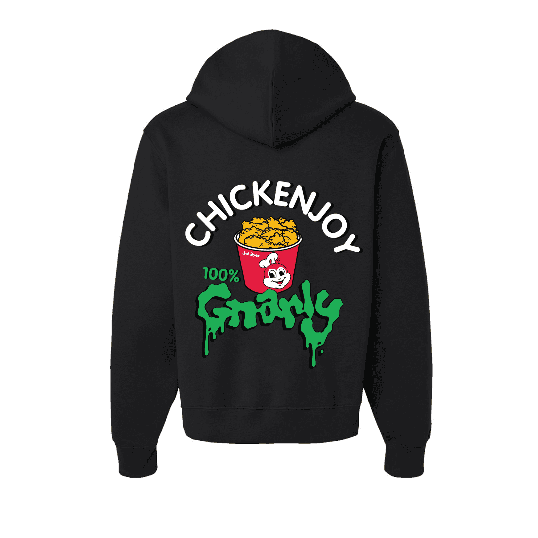 Black hoodie with 'Chickenjoy 100% Gravy' graphic on the back