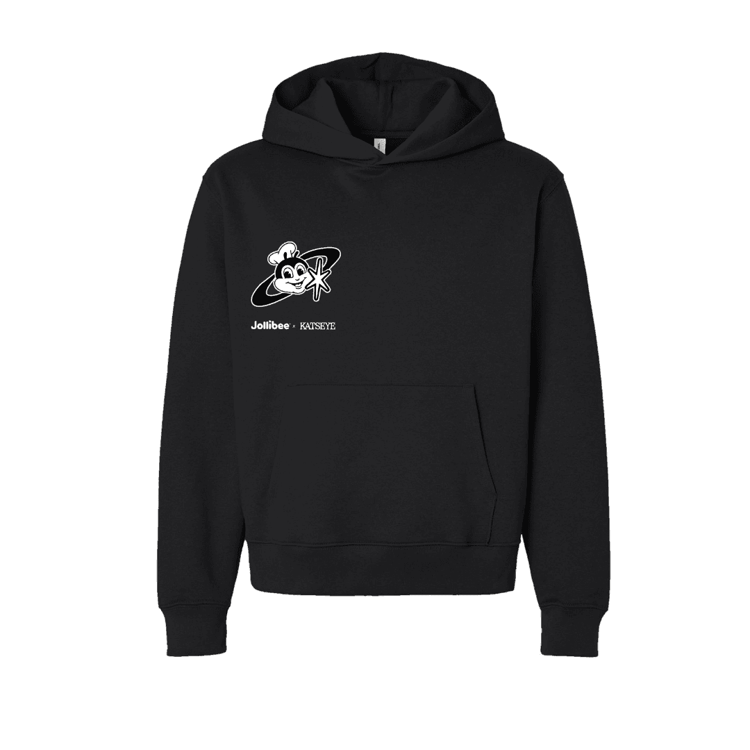 Black hoodie with the Jollibee x KATSEYE Shared Dream logo on a white background