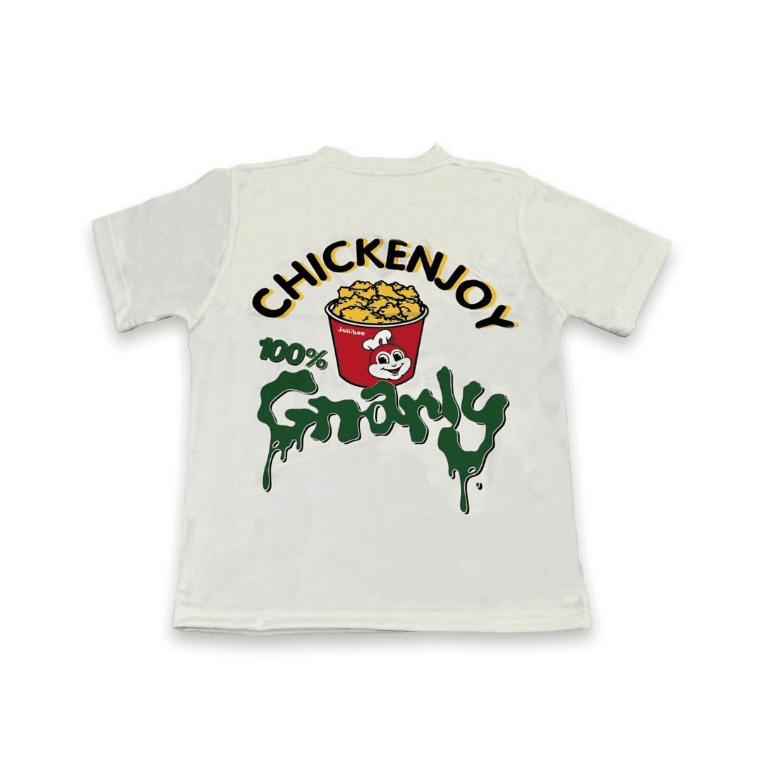 White t-shirt with 'Chickenjoy' and '100% Gravy' graphic design on a white background