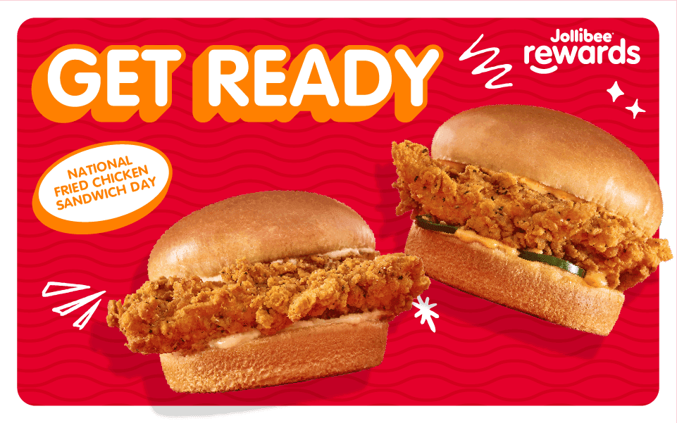 Jollibee Rewards National Fried Chicken Sandwich Day graphic on a red wavy background